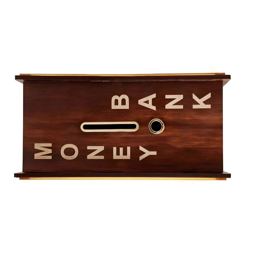 Max Bazaar Wooden Money Saving Box Golden | Cash Saver Money Box with Counting Target Coin Bank (Brown)