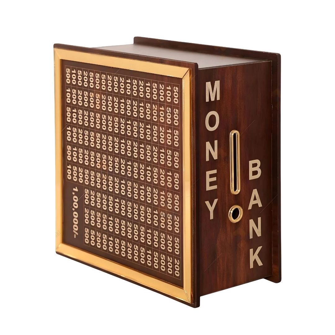 Max Bazaar Wooden Money Saving Box Golden | Cash Saver Money Box with Counting Target Coin Bank  (Brown)